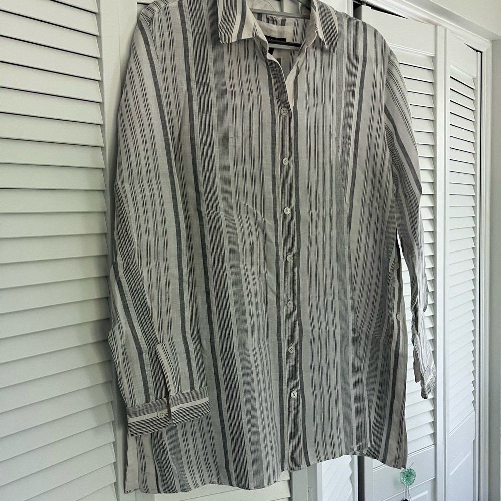 Lafayette 148 Striped Linen Button-Up Shirt
